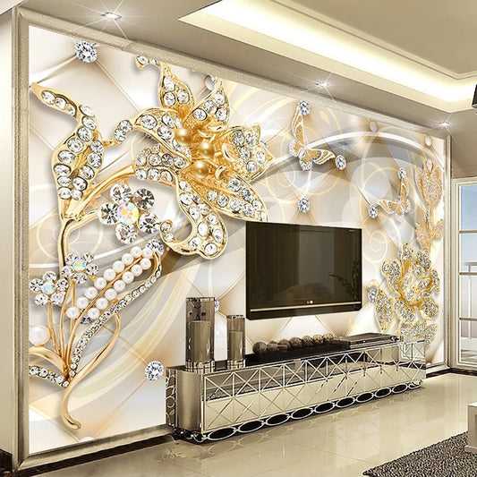 Custom Luxury 3D Jewelry Flower European Style Wallpaper