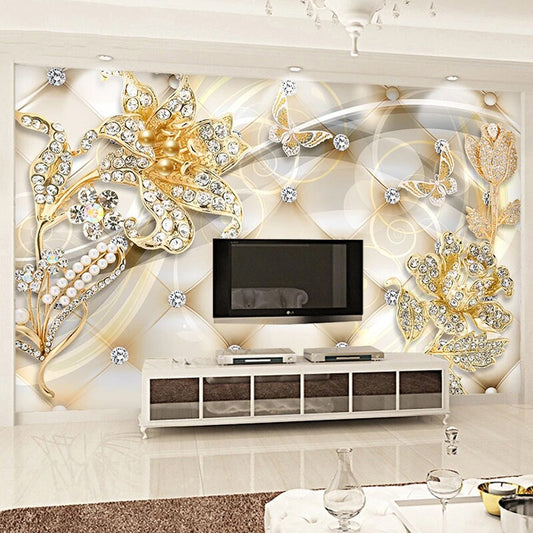 Custom Luxury 3D Jewelry Flower European Style Wallpaper