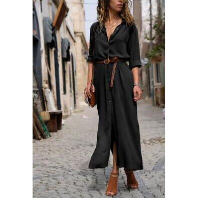Button Side Split Long Dress Women Solid Casual Loose Dress