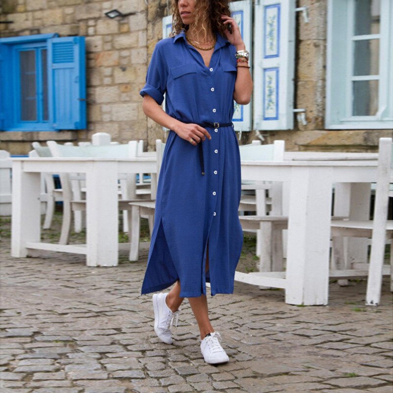 Button Side Split Long Dress Women Solid Casual Loose Dress