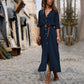Button Side Split Long Dress Women Solid Casual Loose Dress