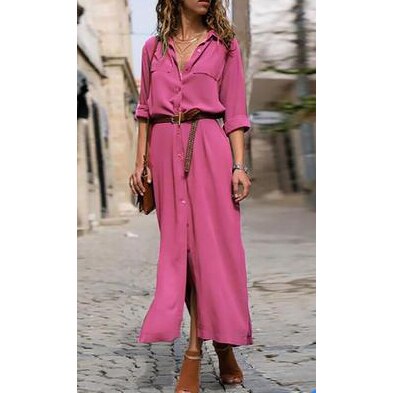 Button Side Split Long Dress Women Solid Casual Loose Dress