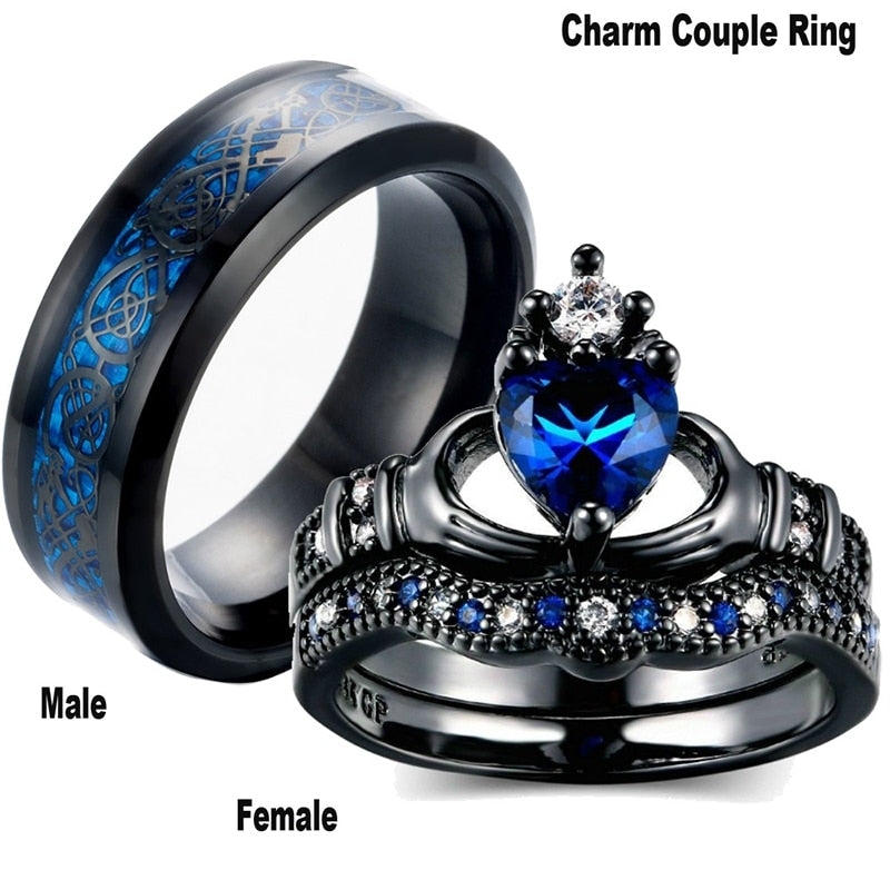 Charm Couple Ring Stainless Steel Black Ring Blue Zircon Ring Sets