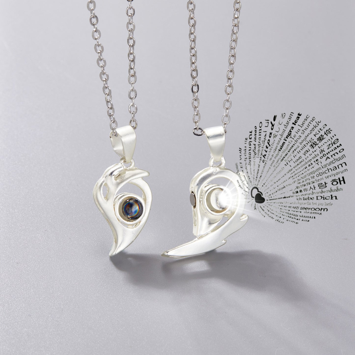 2 PCs Lover Heart Distance Paired Pendant Projection Necklaces