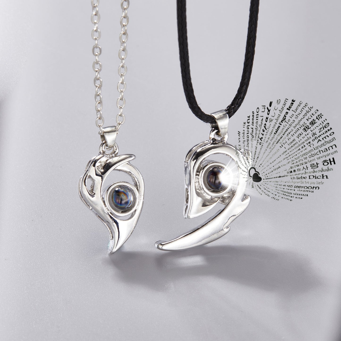 2 PCs Lover Heart Distance Paired Pendant Projection Necklaces