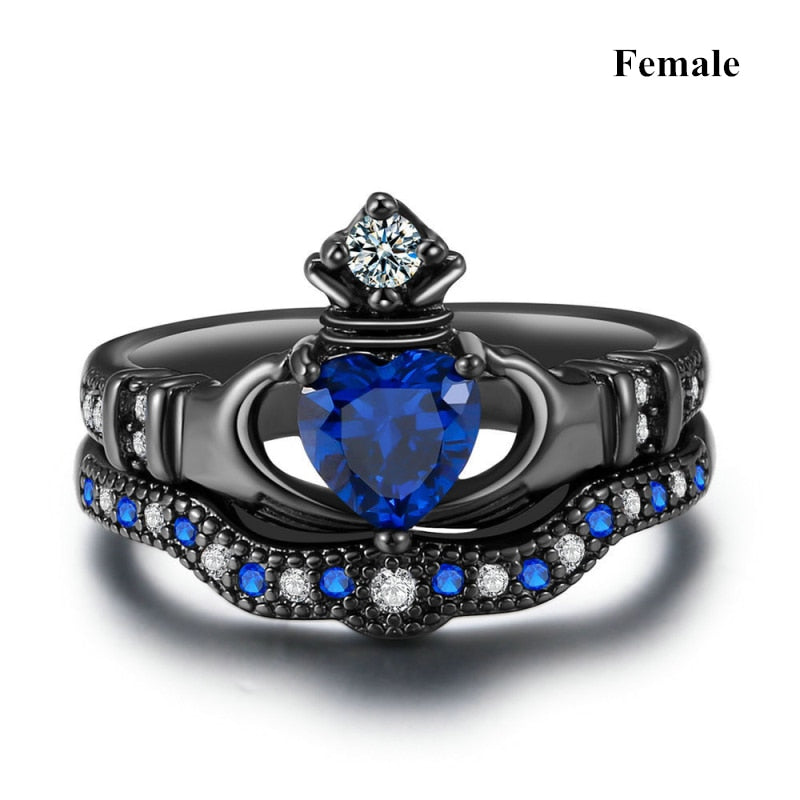Charm Couple Ring Stainless Steel Black Ring Blue Zircon Ring Sets