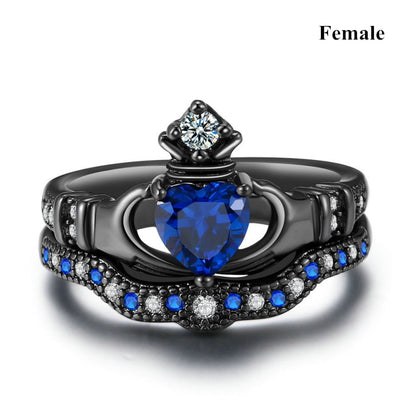 Charm Couple Ring Stainless Steel Black Ring Blue Zircon Ring Sets