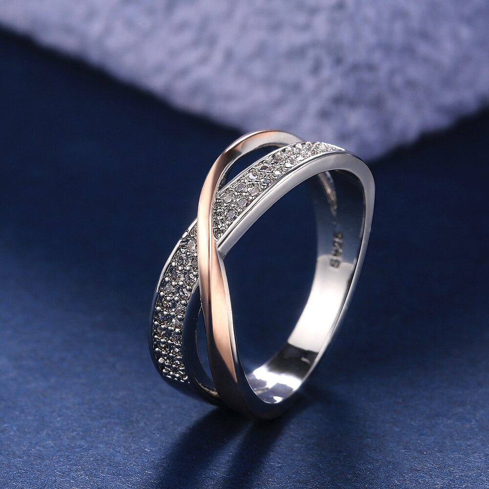 Huitan Newest Fresh Two Tone X Shape Cross Ring for Women Wedding Trendy Jewelry Dazzling CZ Stone Large Modern Rings Anillos