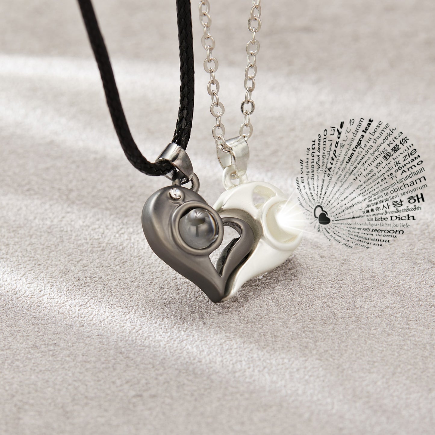 2 PCs Lover Heart Distance Paired Pendant Projection Necklaces
