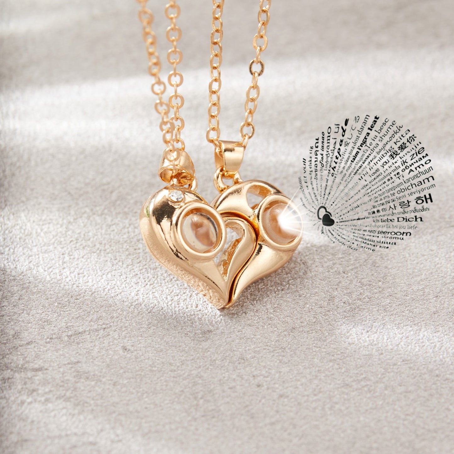 2 PCs Lover Heart Distance Paired Pendant Projection Necklaces