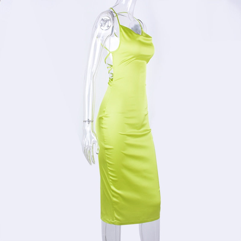 Dulzura neon satin lace up women bodycon sleeveless backless elegant Dress