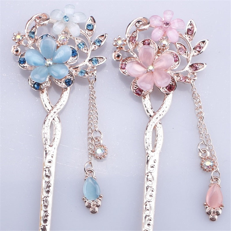 Cat Eye Stone Hair Pin Double Flower Clip