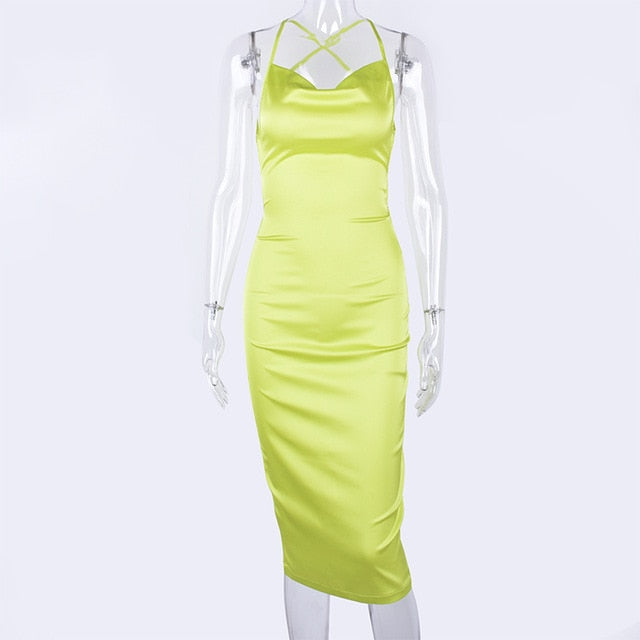 Dulzura neon satin lace up women bodycon sleeveless backless elegant Dress