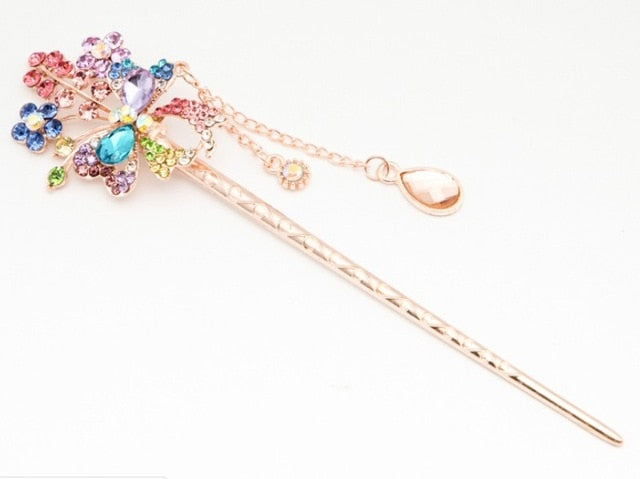 Cat Eye Stone Hair Pin Double Flower Clip