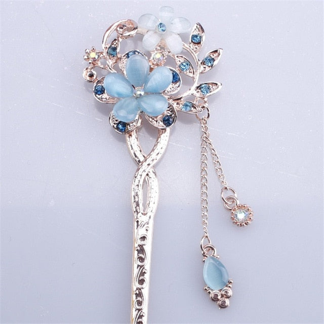 Cat Eye Stone Hair Pin Double Flower Clip