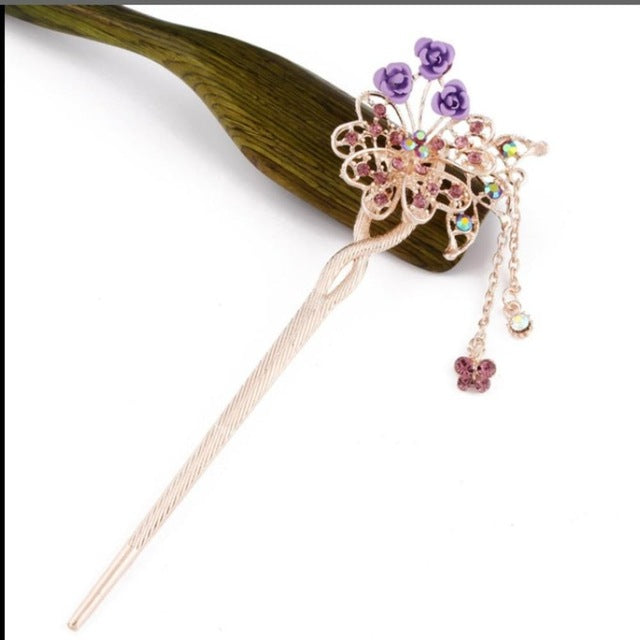 Cat Eye Stone Hair Pin Double Flower Clip
