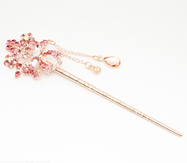 Cat Eye Stone Hair Pin Double Flower Clip