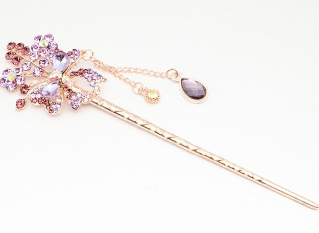 Cat Eye Stone Hair Pin Double Flower Clip