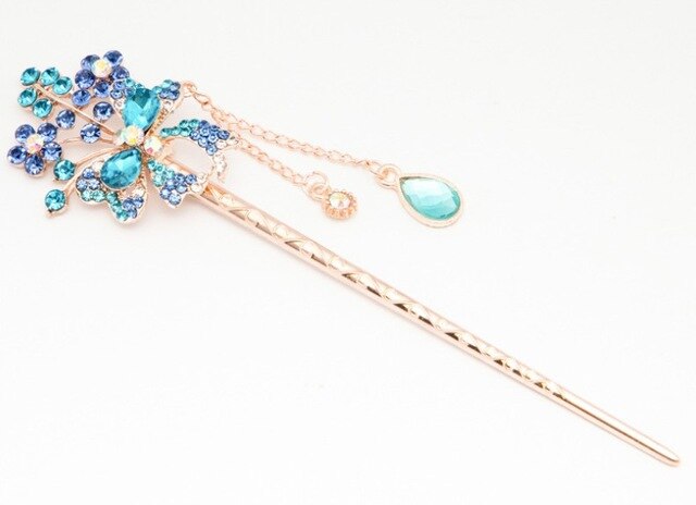 Cat Eye Stone Hair Pin Double Flower Clip