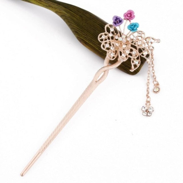 Cat Eye Stone Hair Pin Double Flower Clip