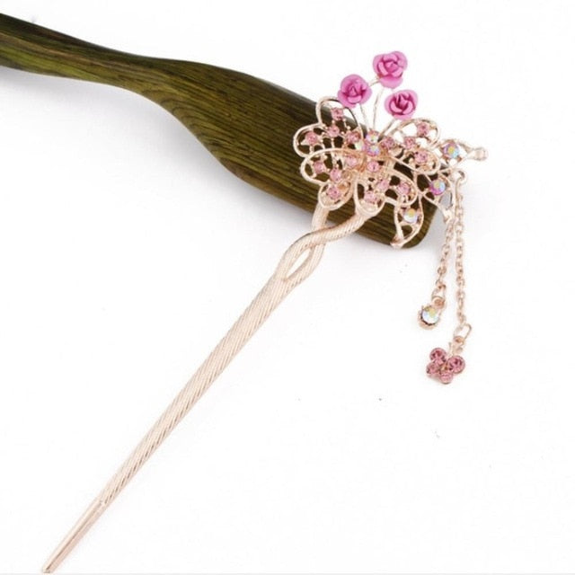 Cat Eye Stone Hair Pin Double Flower Clip