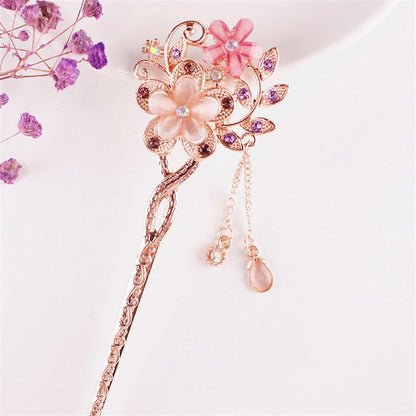 Cat Eye Stone Hair Pin Double Flower Clip